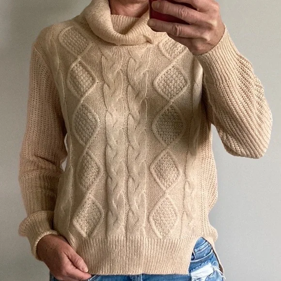 Tan Color Cable Knit Cowlneck Sweater - Picture 4 of 10
